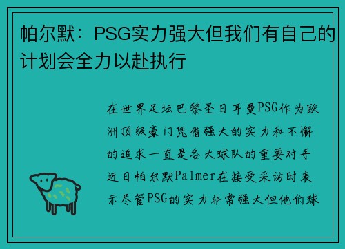 帕尔默:PSG实力强大但我们有自己的计划会全力以赴执行 帕尔默:PSG实力强大但我们有自己的计划会全力以赴执行