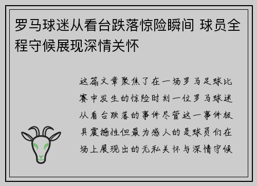 罗马球迷从看台跌落惊险瞬间 球员全程守候展现深情关怀 罗马球迷从看台跌落惊险瞬间 球员全程守候展现深情关怀