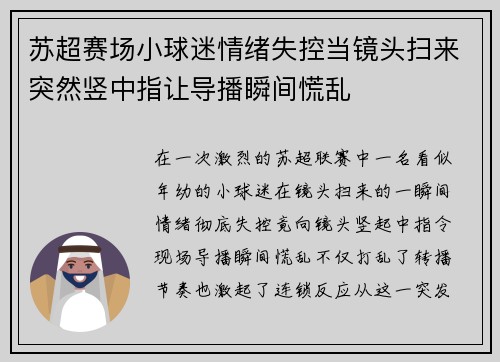 苏超赛场小球迷情绪失控当镜头扫来突然竖中指让导播瞬间慌乱 苏超赛场小球迷情绪失控当镜头扫来突然竖中指让导播瞬间慌乱